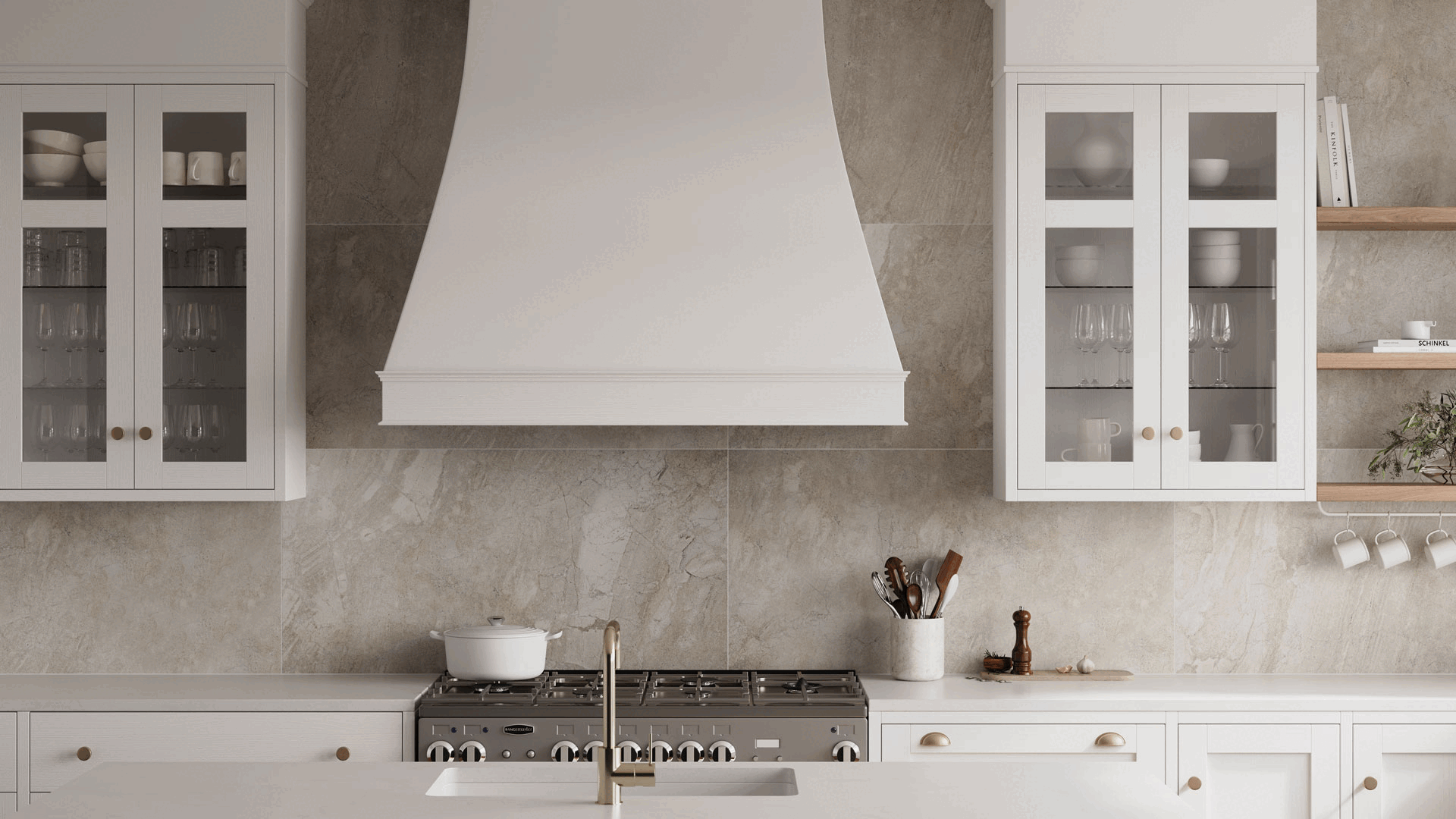 3D Rendering showing animated transitions between marble vinyl tile colors on a kitchen backsplash