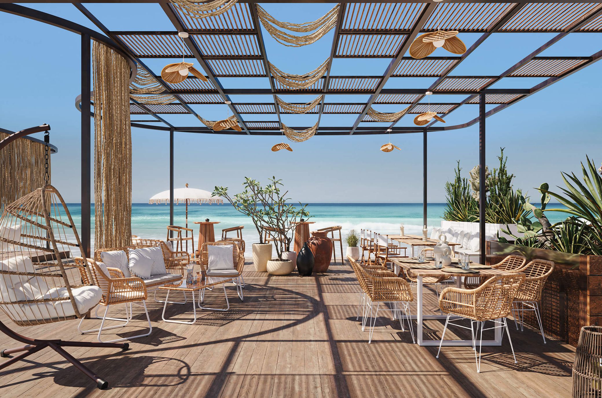 Luxury beachfront outdoor furniture setup with modern rattan chairs, wooden deck, and pergola overlooking turquoise ocean. Coastal patio design featuring woven hanging decorations, white cushions, potted plants, and bar-height tables in a resort-style setting. 3D rendering demonstration for all-season outdoor furniture visualization.