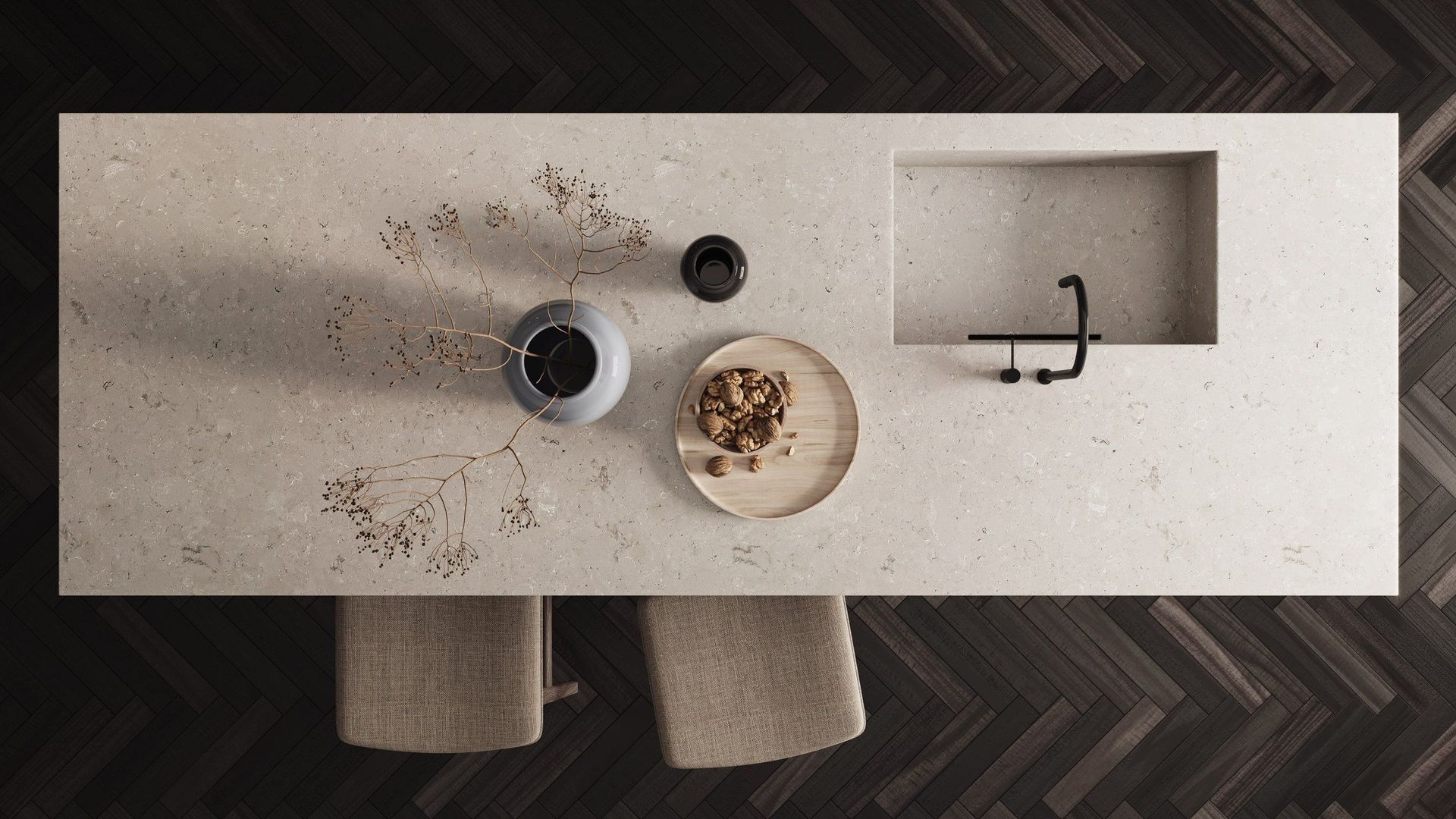 Photorealistic visualization showing the kitchen island from the top