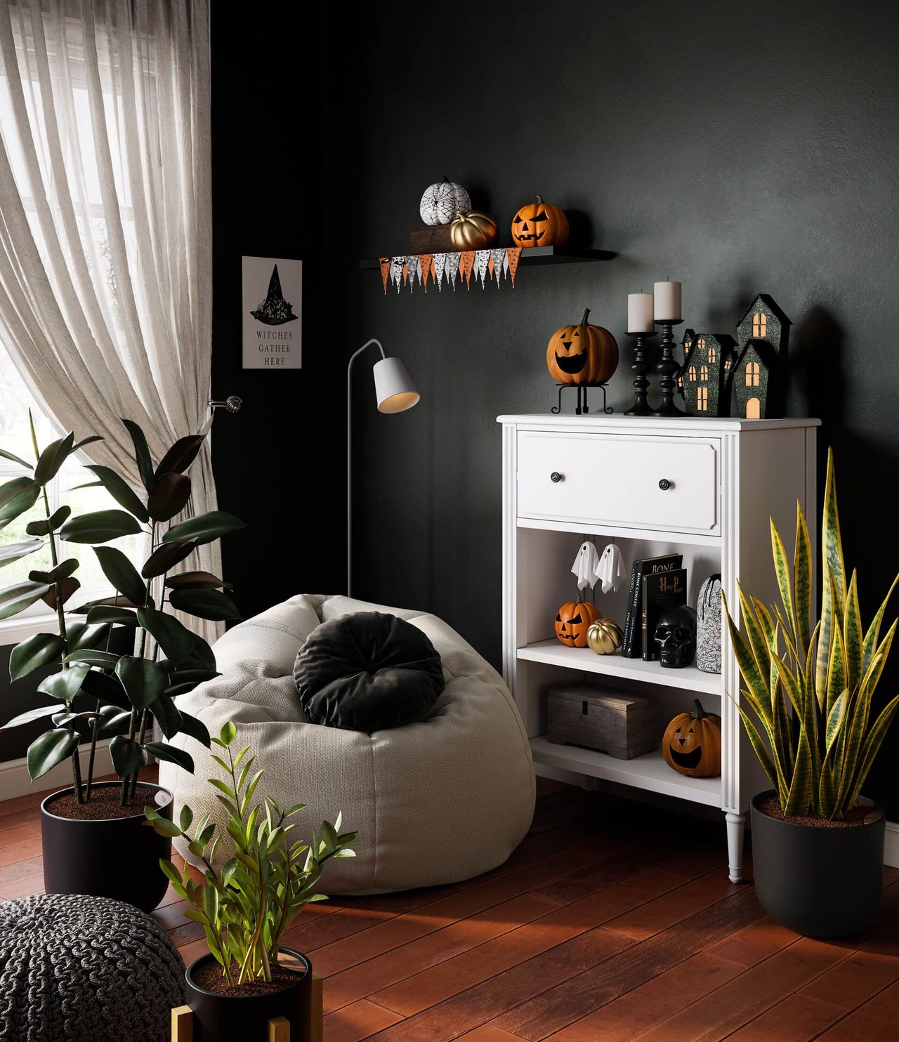 3D furniture modeling and rendering showcasing Halloween-themed interior with bean bag, plants, and decorations