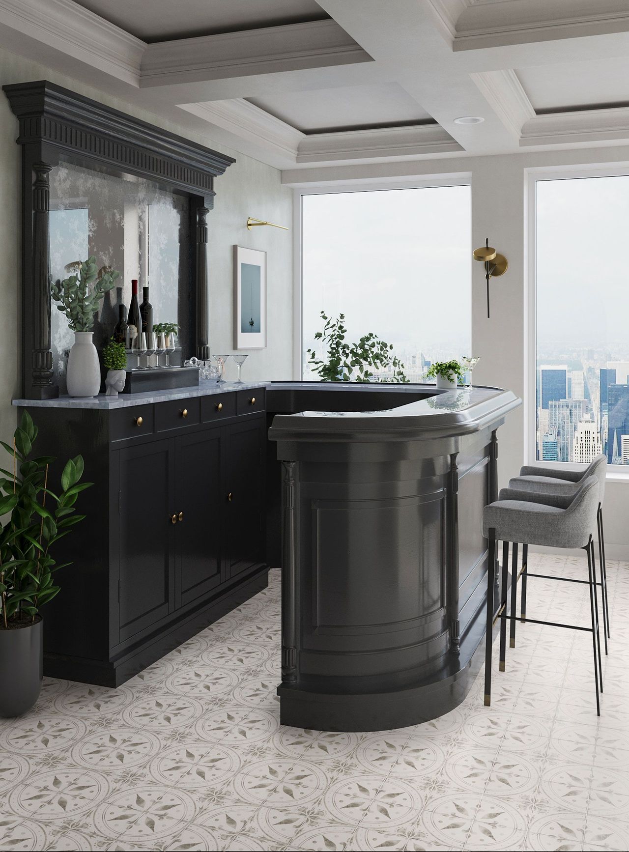Photorealistic product rendering showing patterned tile in a modern black home bar setup