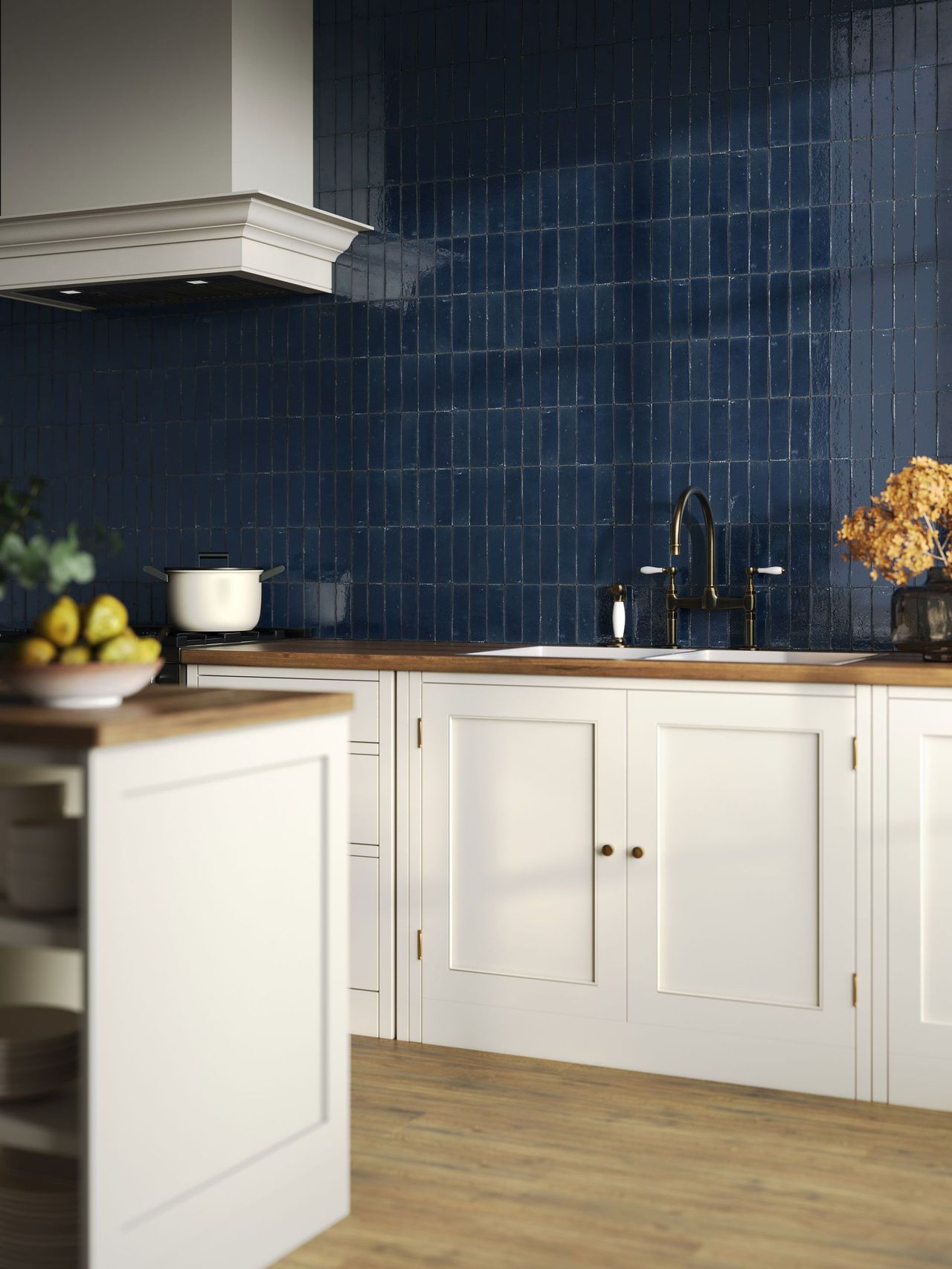 Stylish 3D visualization of a navy blue tiled kitchen wall with brass fixtures and wood accents