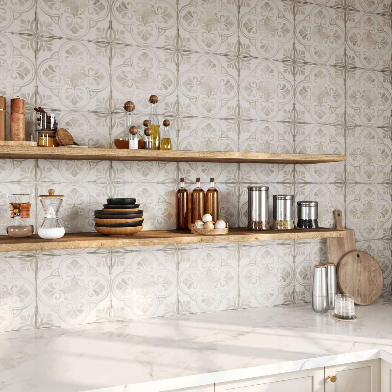 3D Rendering of patterned tile behind open wooden shelves in a farmhouse kitchen