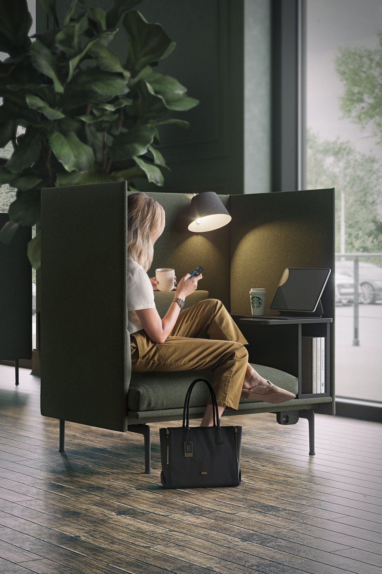 3D rendered product showcasing a stylish interior with a person seated