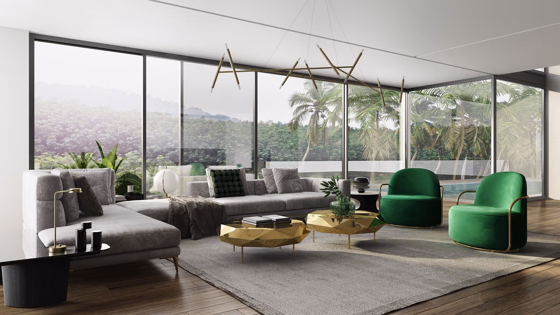 3D Visualization for a Living Room with Green Chairs and Golden Coffee Tables
