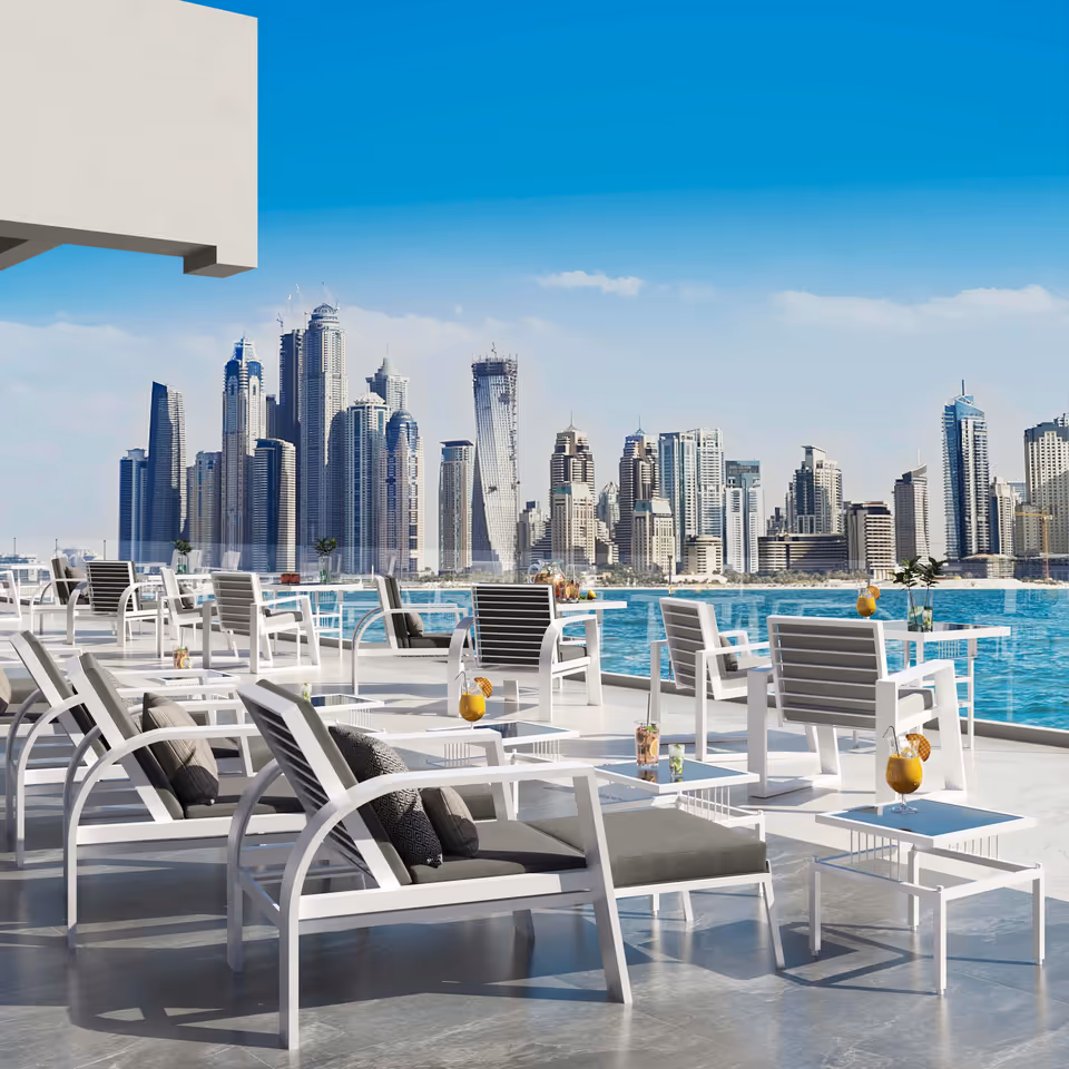 First-class 3D rendering of outdoor product with a city skyline, showcasing 3D product modeling and visualization.