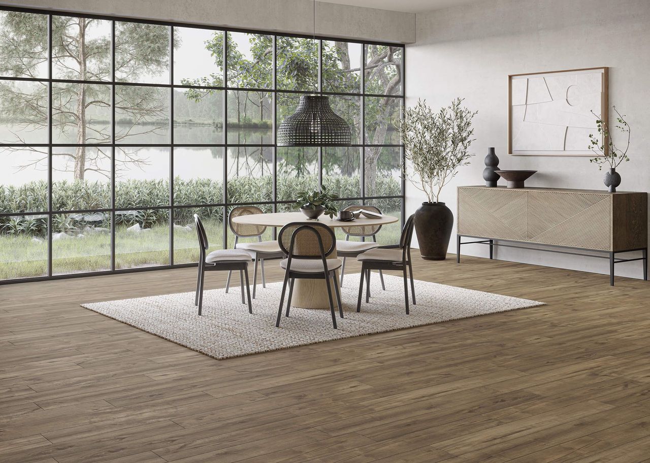 Dining room with modern decor, large windows and brown wood flooring 3D visualization