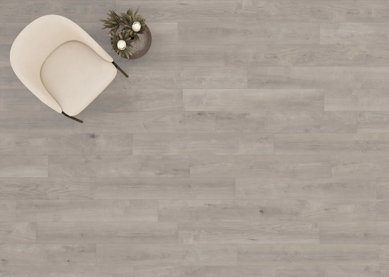 3D visualization of light grey wooden flooring with modern chair and vase decor in top view