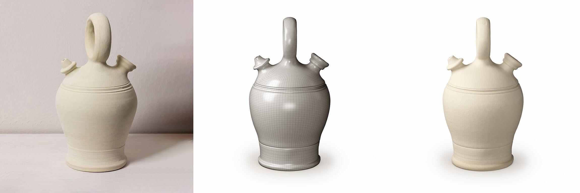 Comparison of a real ceramic vase and its 3D rendered model showcasing 3D product modeling and rendering techniques