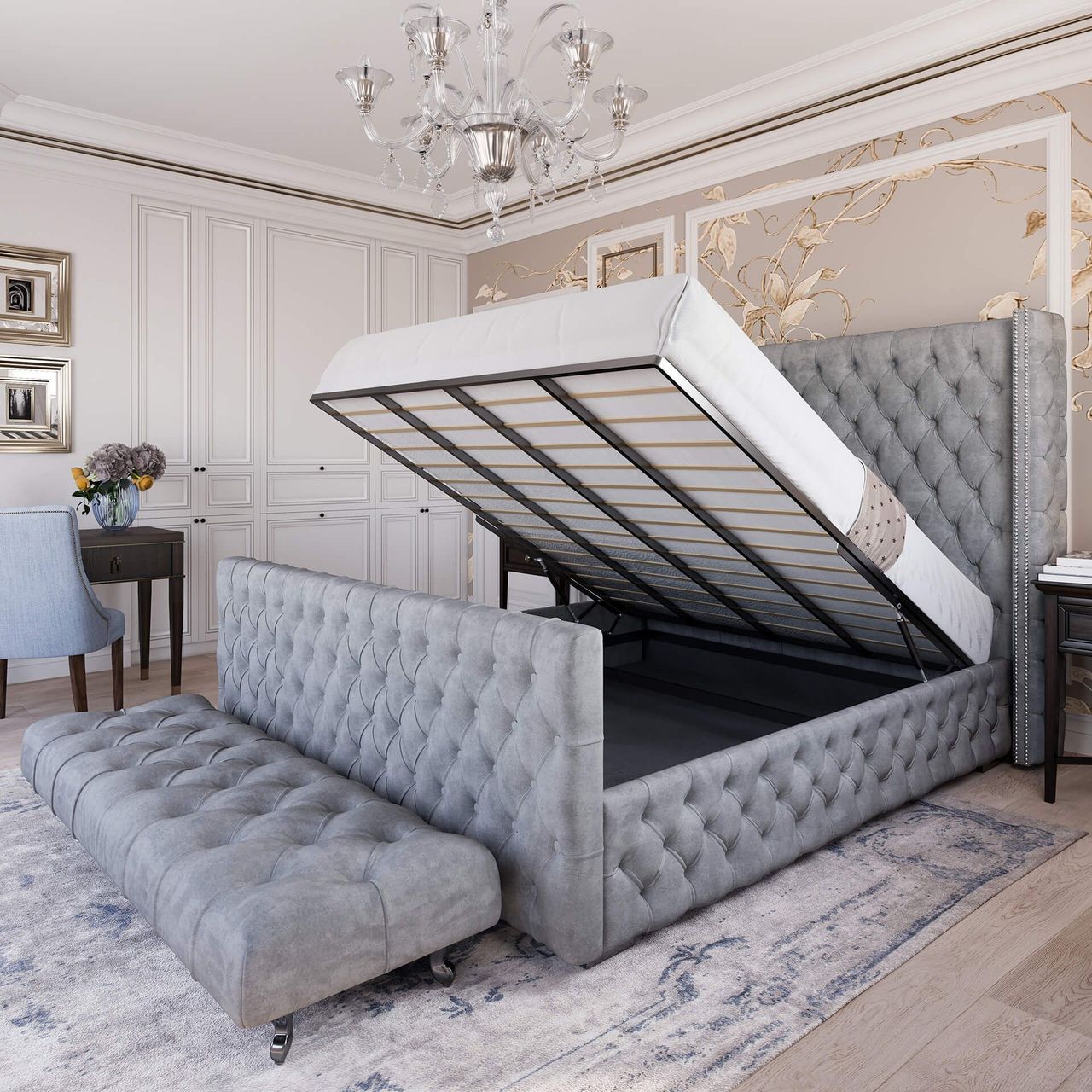 Grey Handcrafted Bed CGI: Unfolded