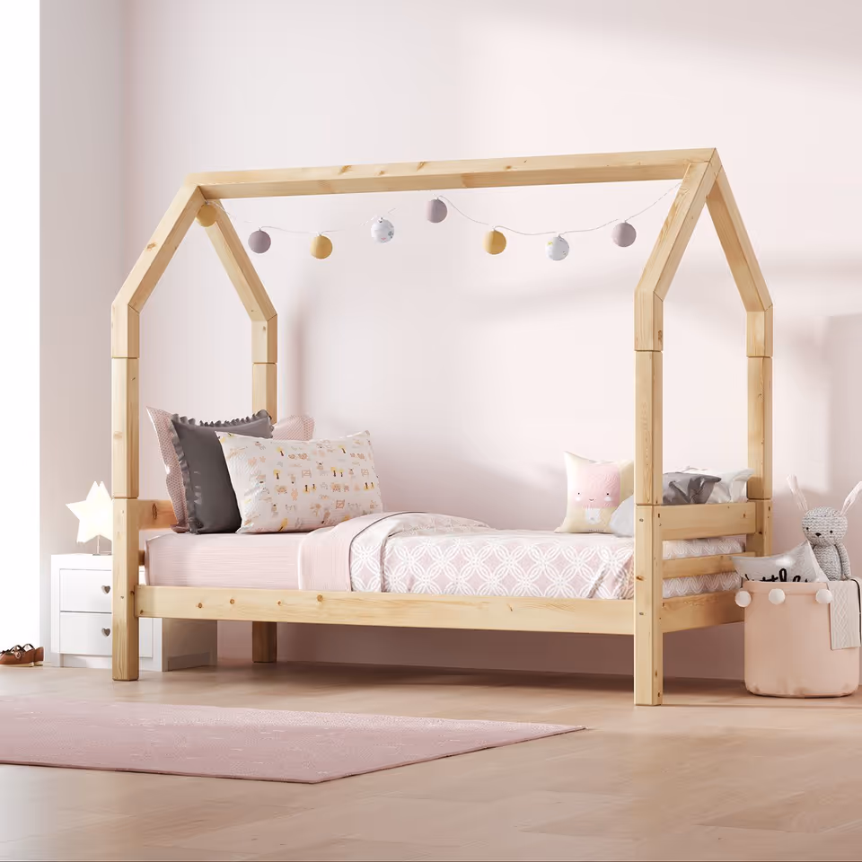 Photorealistic 3D rendering of a wooden children's bed with decorative pillows and toys, showcasing 3D product modeling and visualization.
