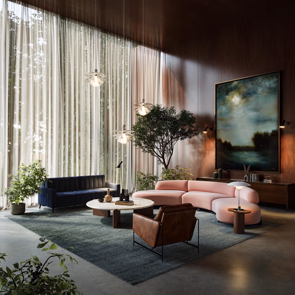 3D Visualization of Furniture in a Modern Living Room with Pendant Lights