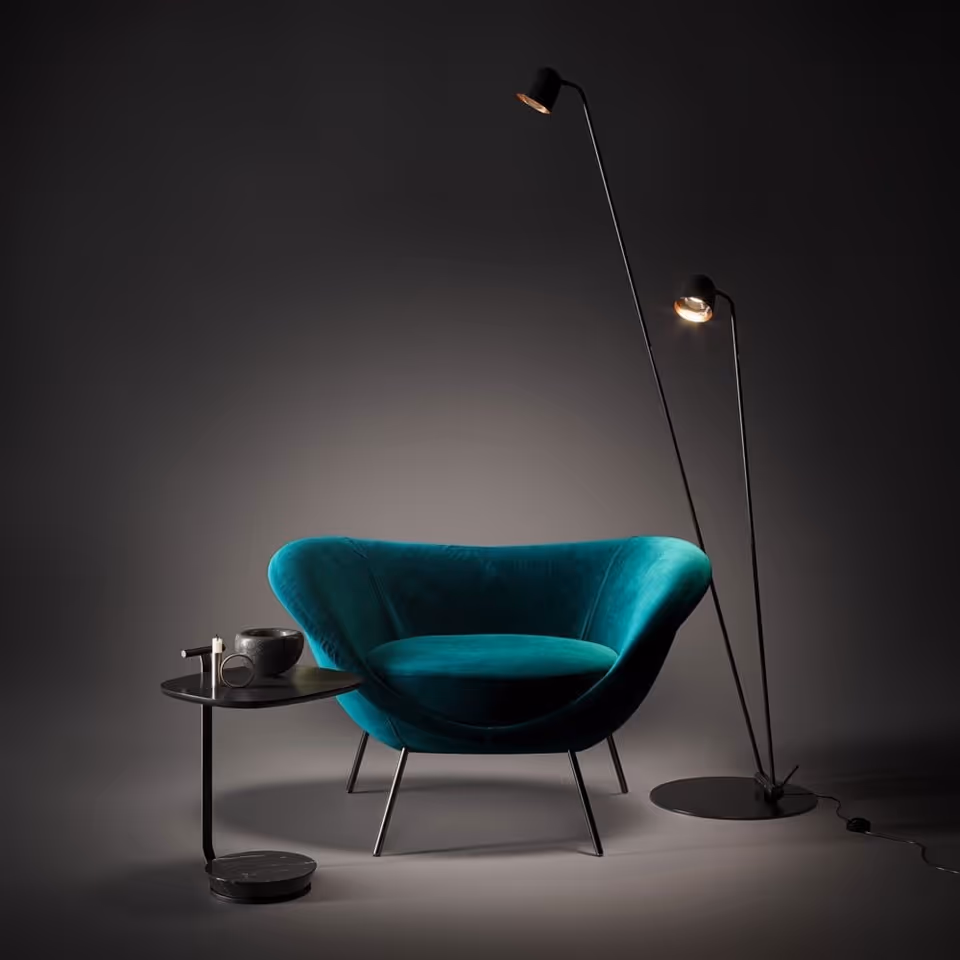 3D product modeling and rendering of a stylish chair and lamp, showcasing first-class 3D visualization and photorealistic CGI.