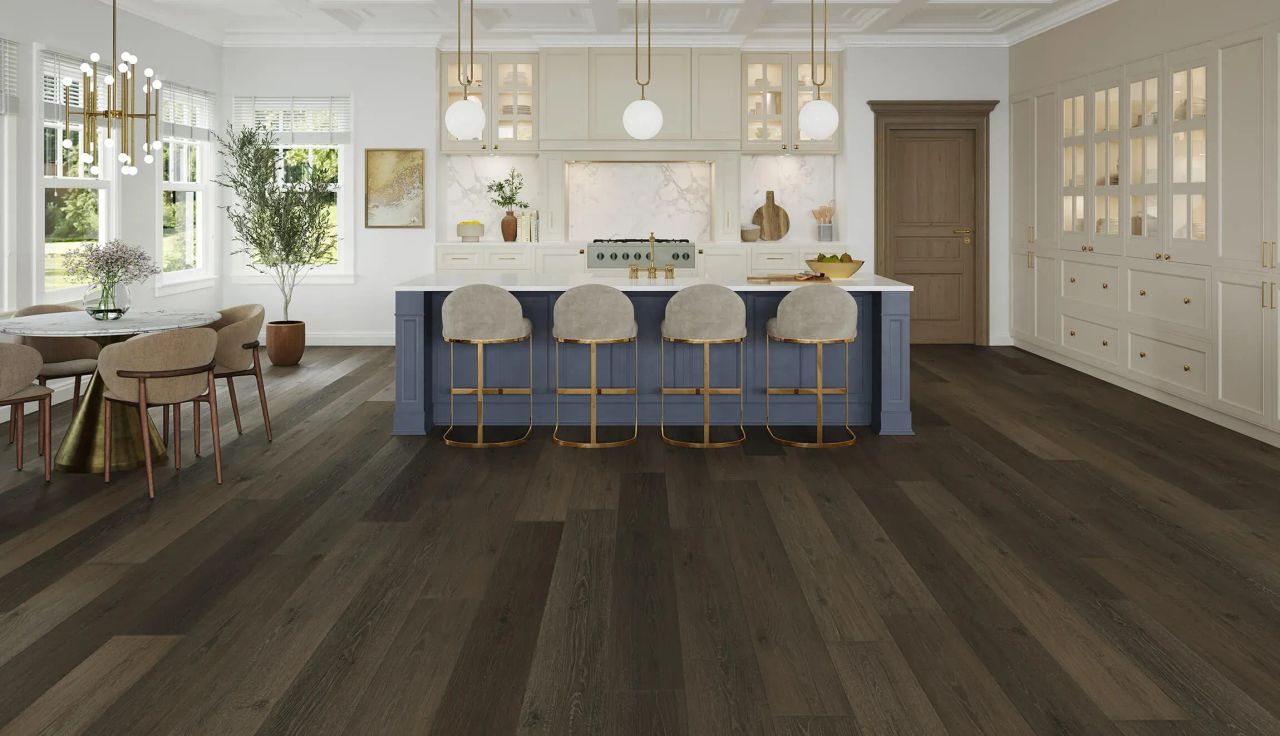Modern kitchen with dark wood flooring 3D visualization and white cabinetry