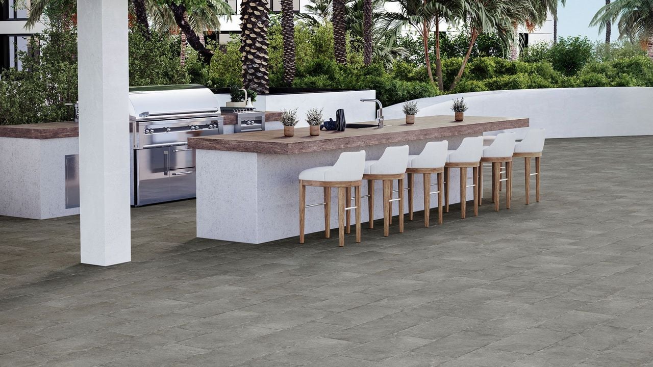 Product rendering of a stylish outdoor area with dark grey tile flooring and wooden countertops