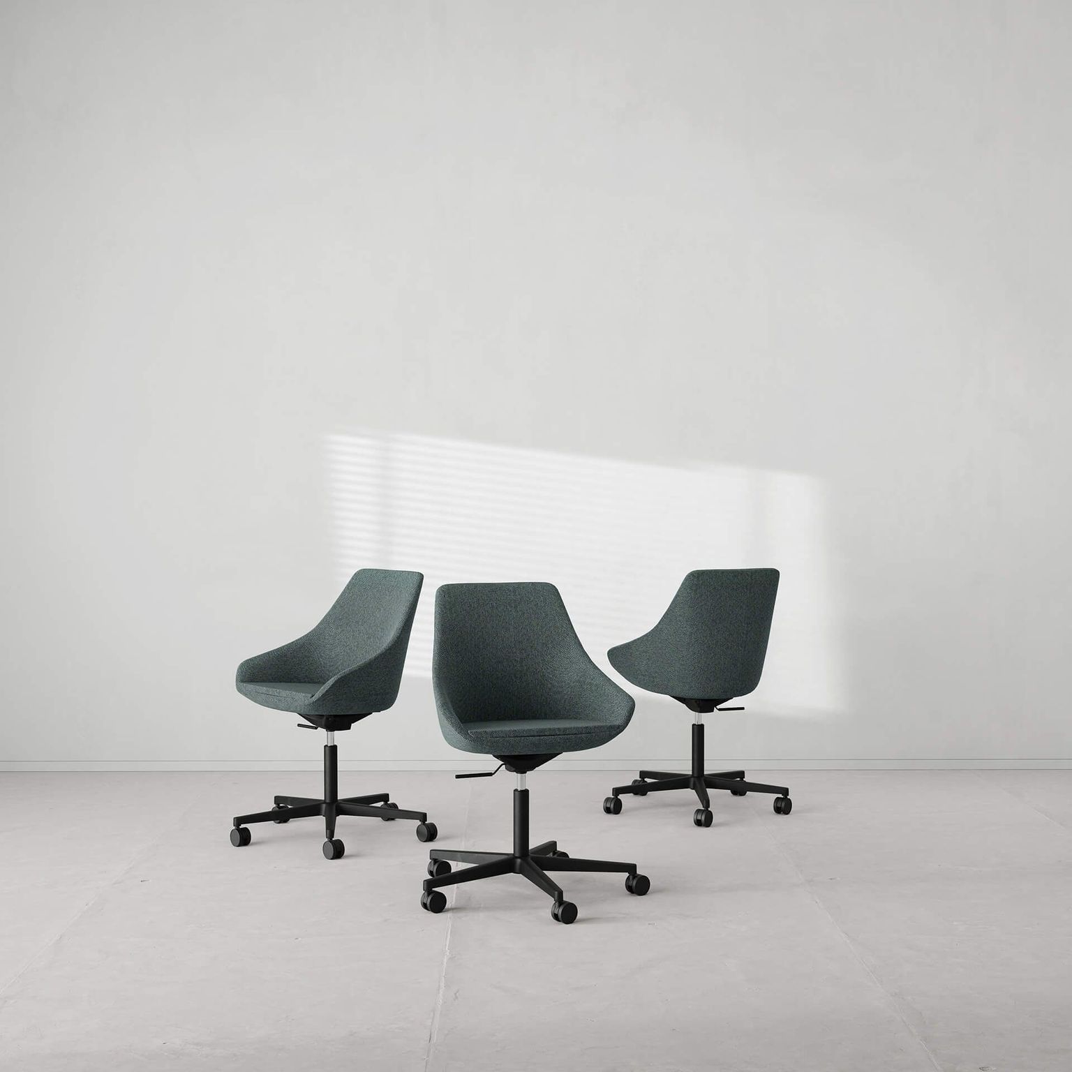 3D rendered image of three office chairs showcasing realistic product rendering and 3D product visualization