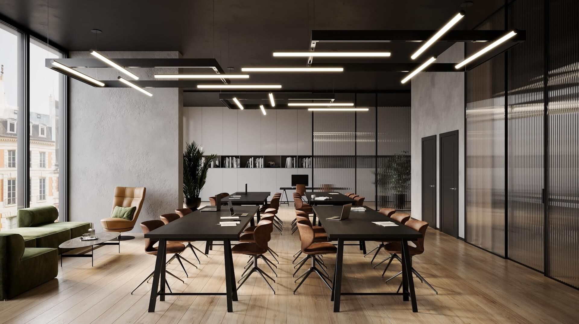 3D visualization of a modern office space with minimalist tables and chairs