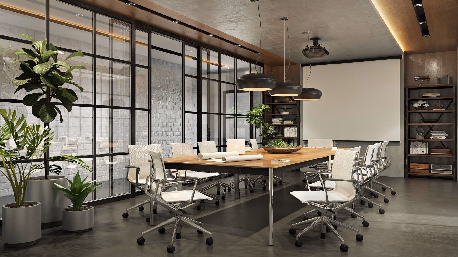 3D rendering of a modern office with furniture
