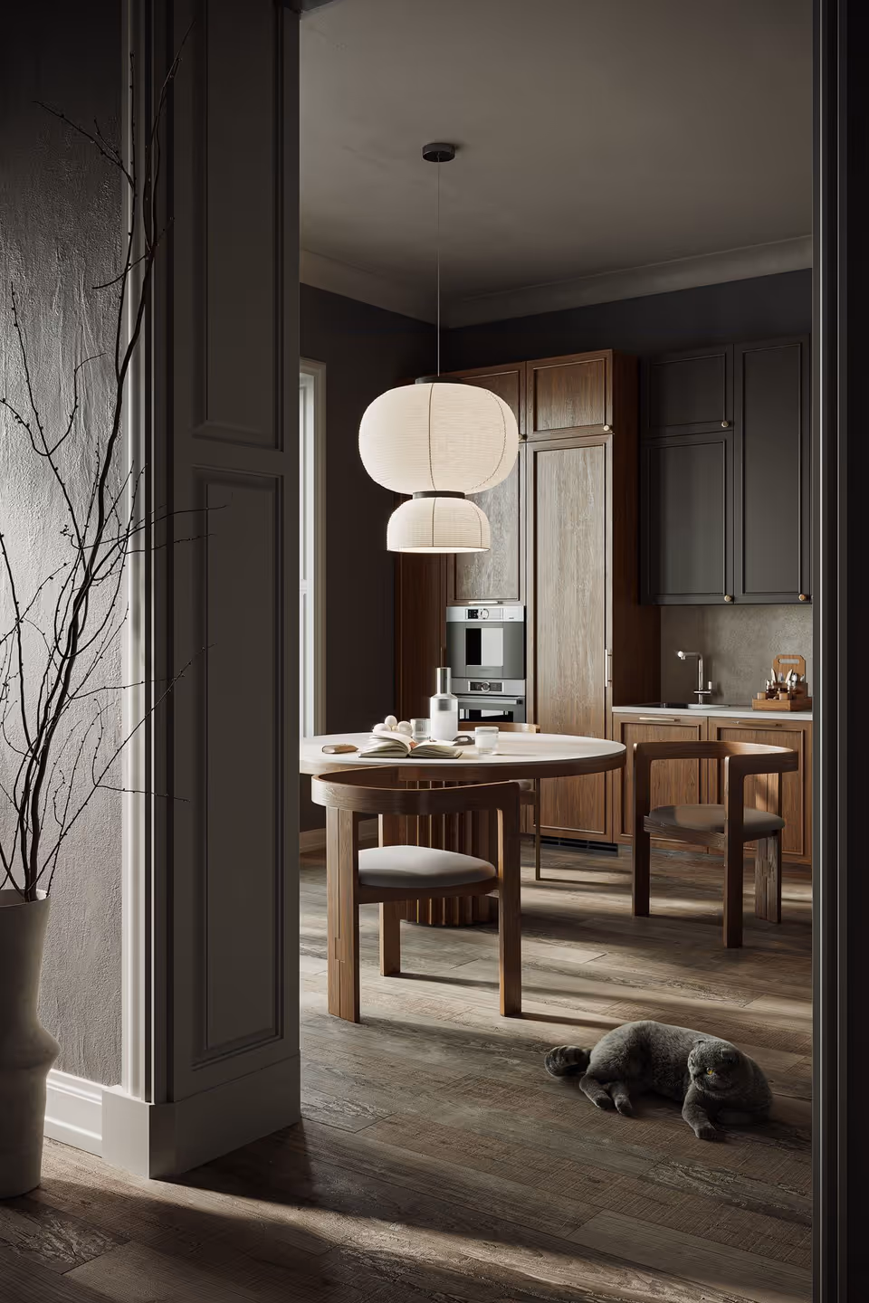 3D interior rendering showcasing a stylish kitchen with wooden product, featuring photorealistic 3D product modeling and a cat on the floor.