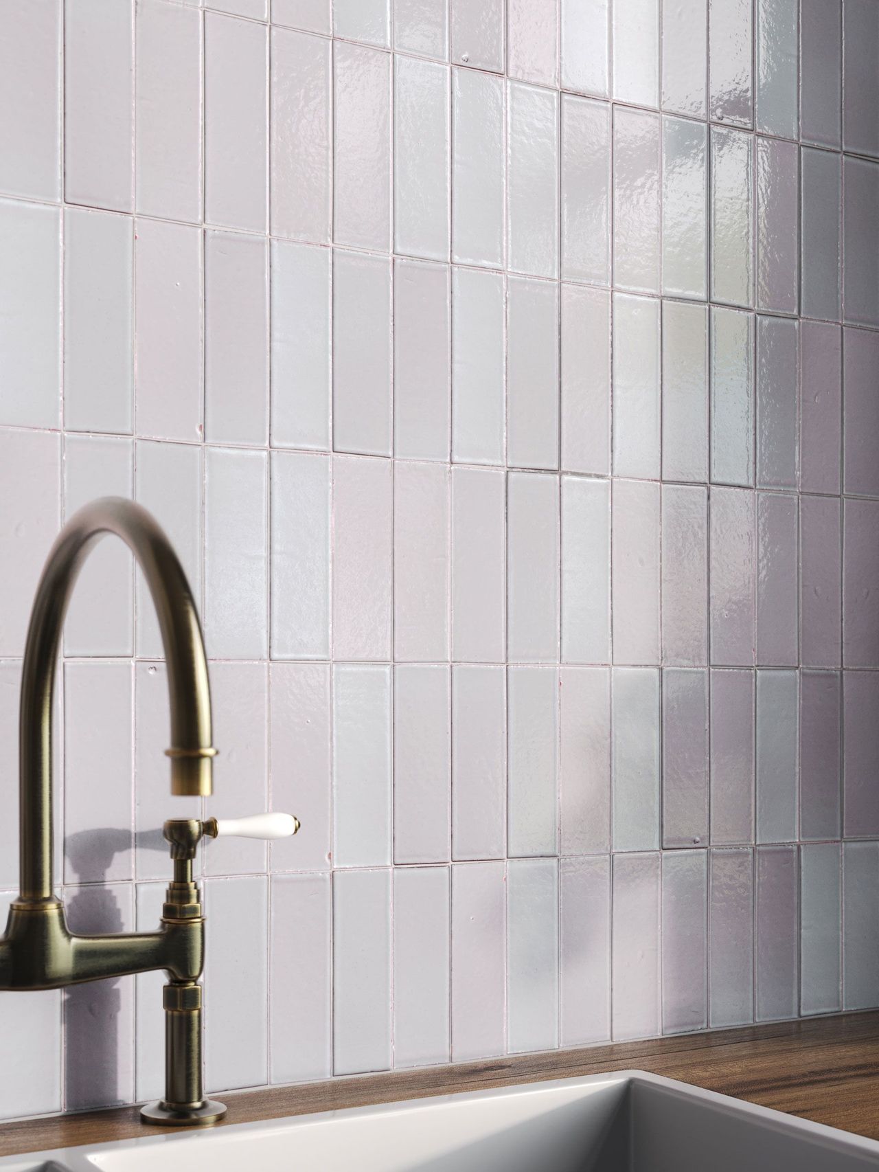 Detailed 3D rendering of glossy rectangular alabaster pearl tiles with soft pink and lilac tones