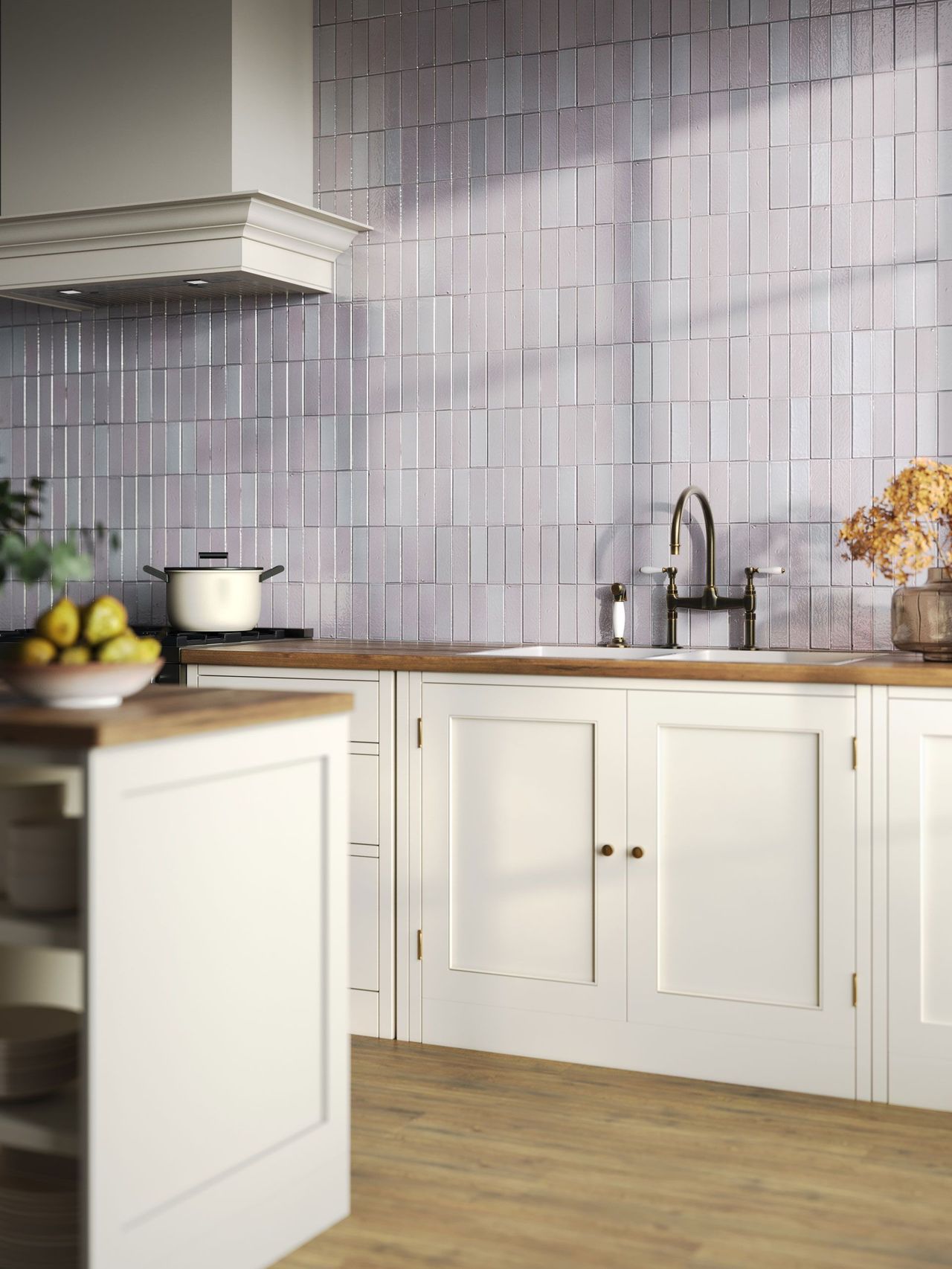 3D Visualization of a white kitchen with elegant tile backsplash and brass faucet