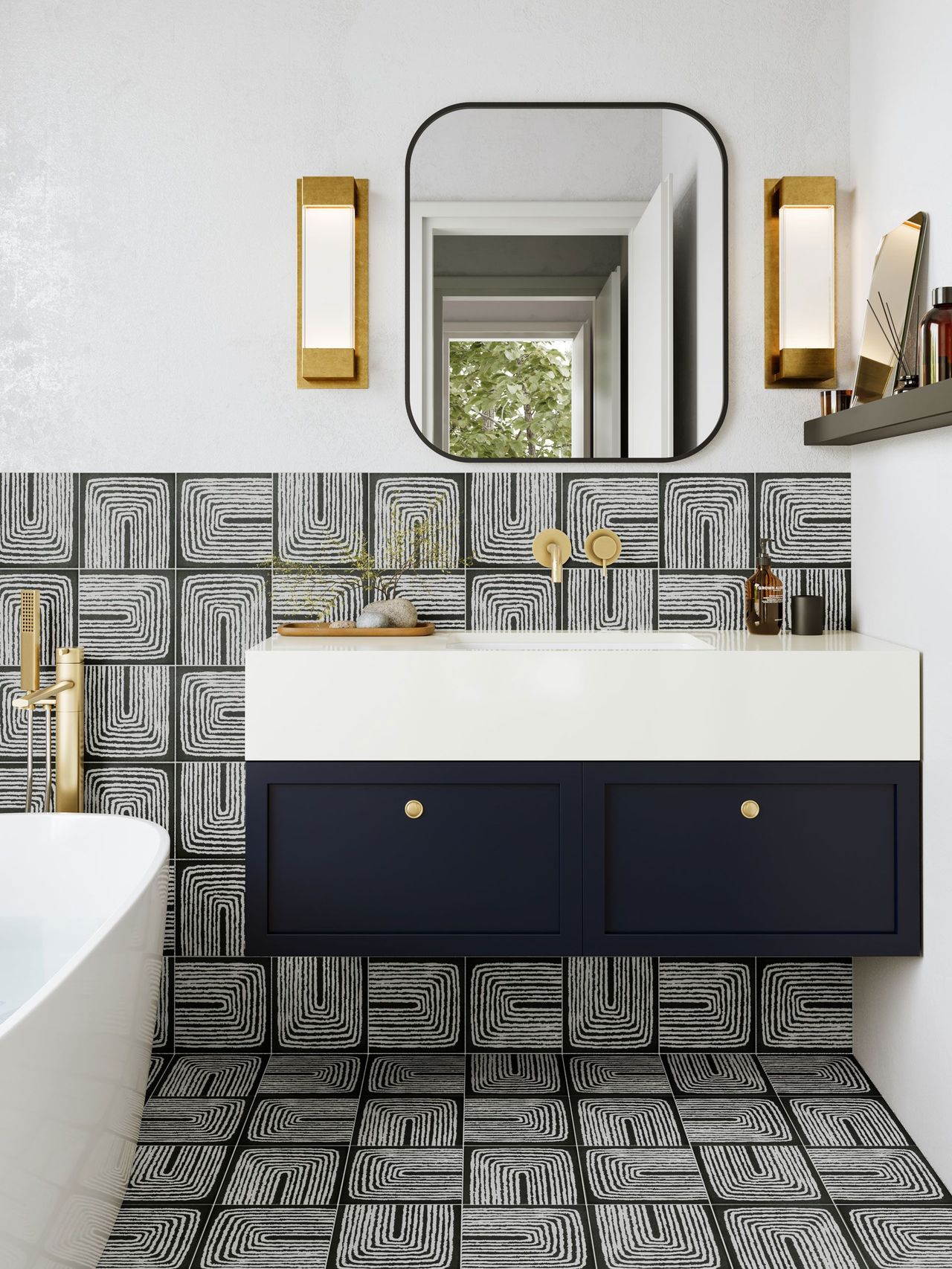 3D Rendering of black and white geometric tile in a modern bathroom with gold accents