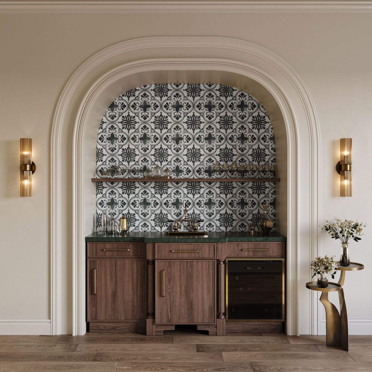 CG rendering of bold patterned tile in a home bar set inside an arched alcove