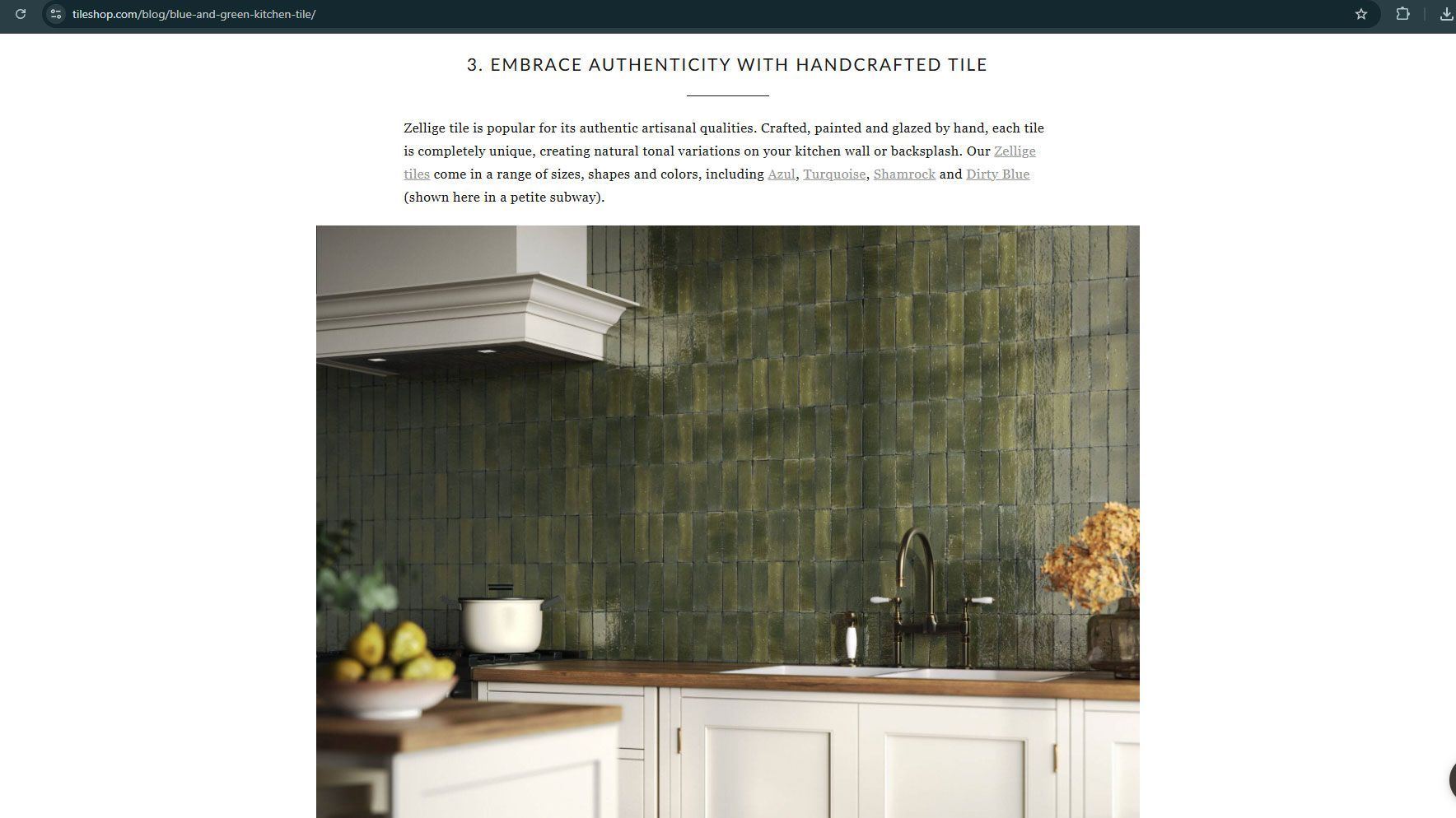 Photorealistic 3D visualization for tiles in a kitchen with green handcrafted backsplash and white cabinetry on The Tileshop website
