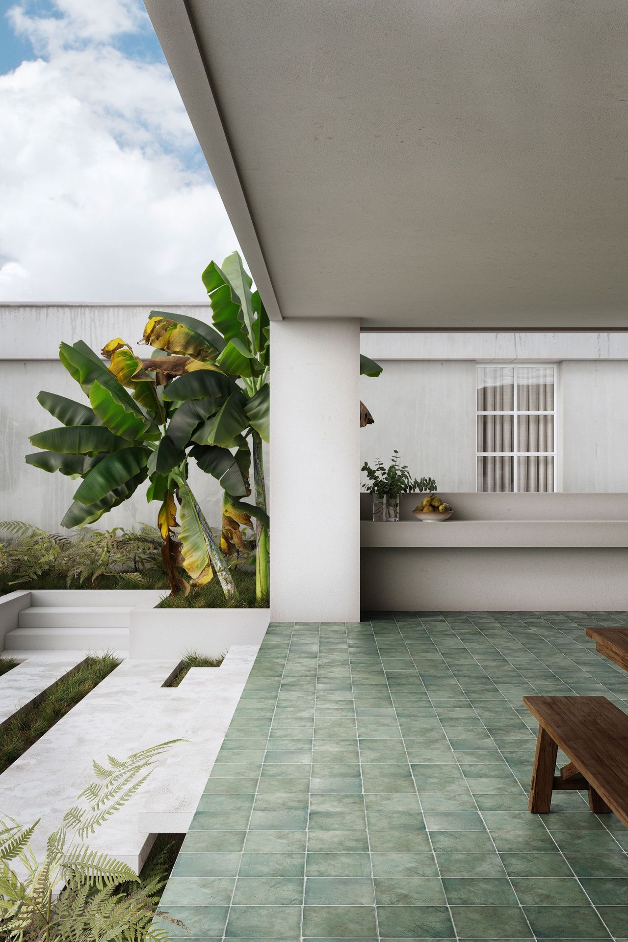 Product rendering of an elegant outdoor space with green ceramic floor tiles and greenery