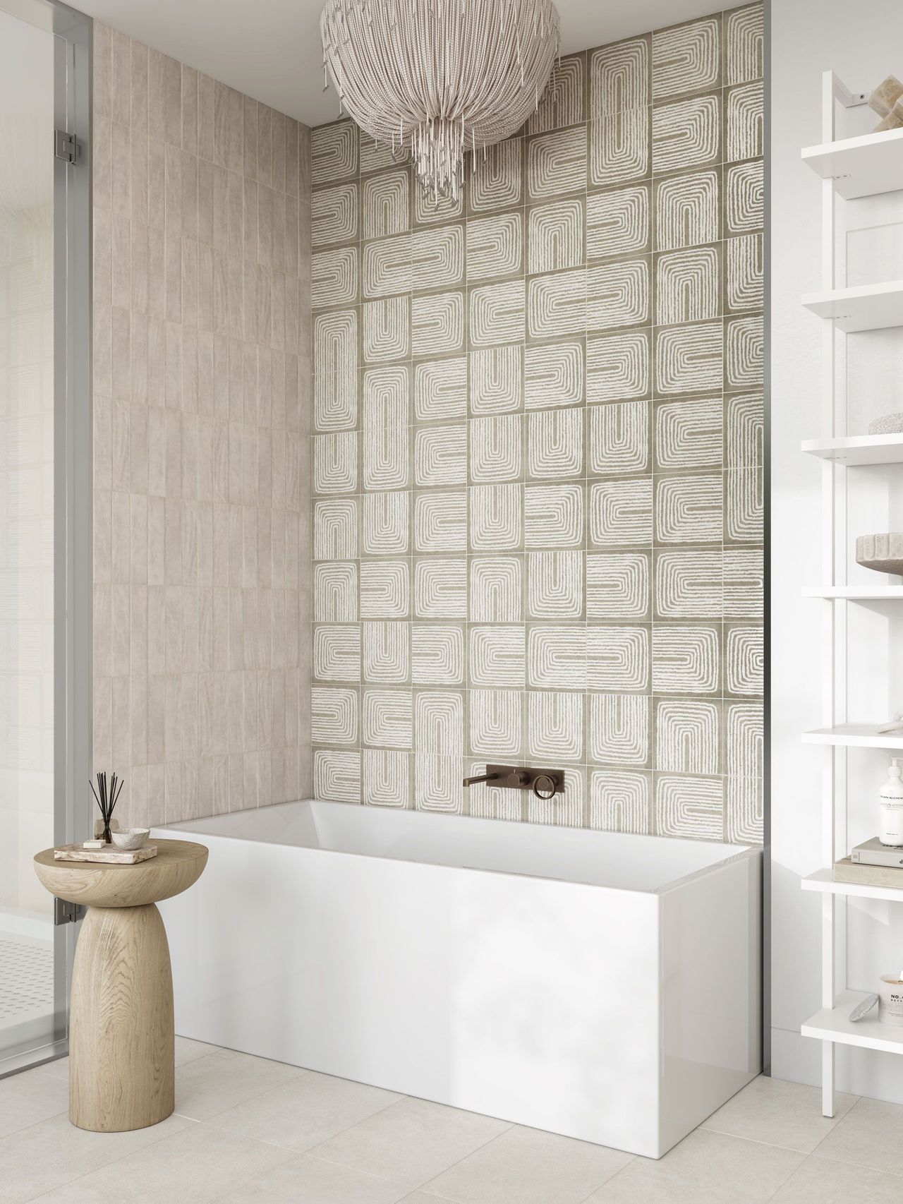 Photorealistic product rendering of raised-pattern tile in a soft-toned modern bathroom with a built-in tub