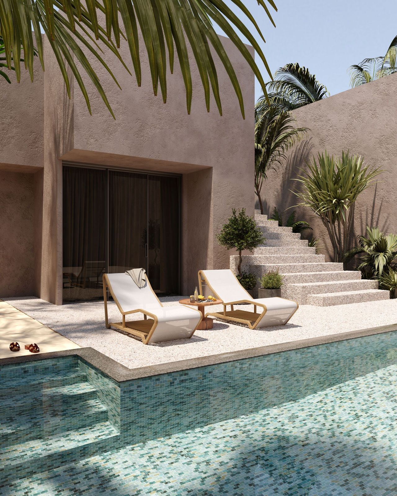 3D Rendering of a villa with sandy mosaic pool tiles and beige stone flooring under palm trees
