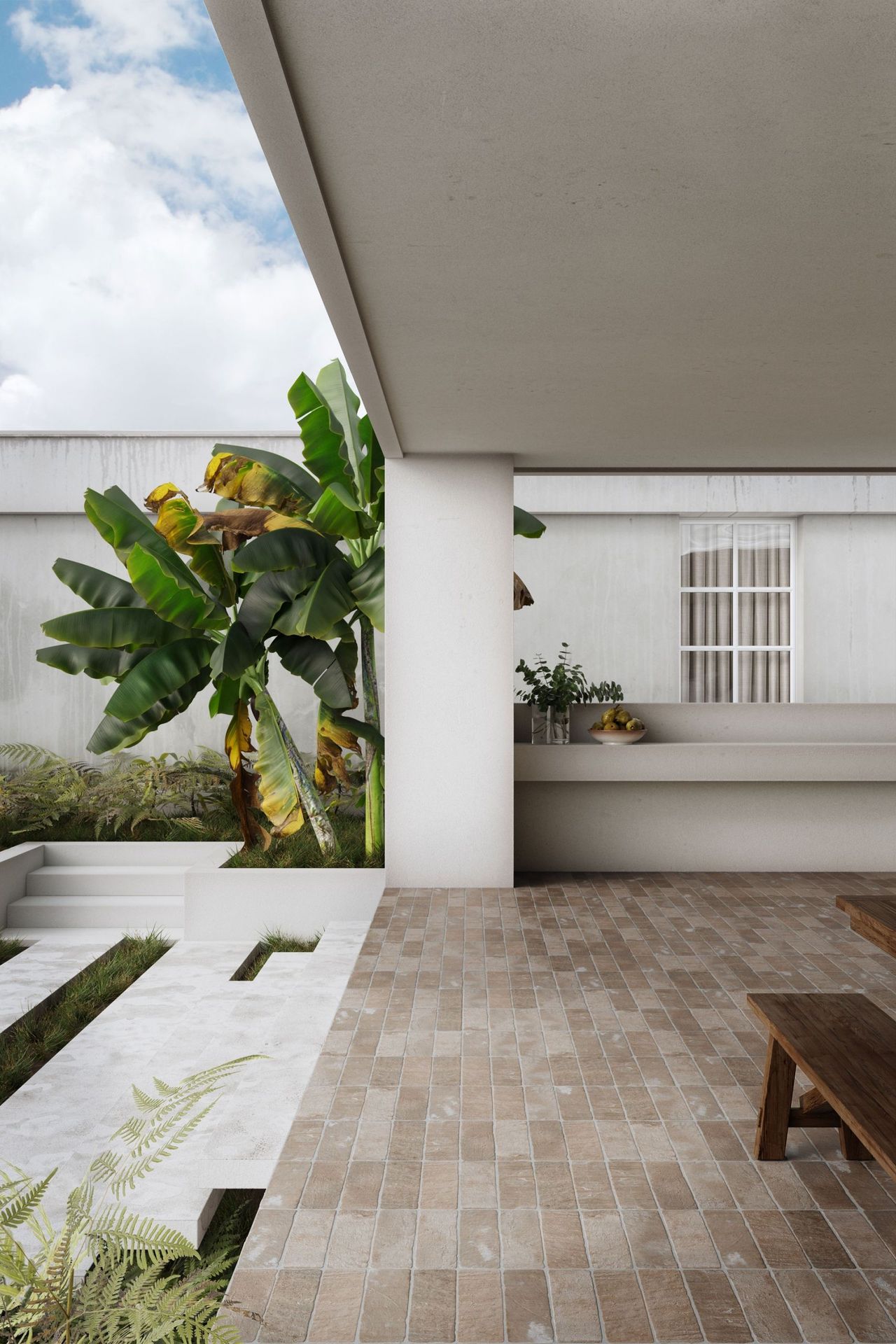 Product rendering of an outdoor space with stylish ceramic flooring
