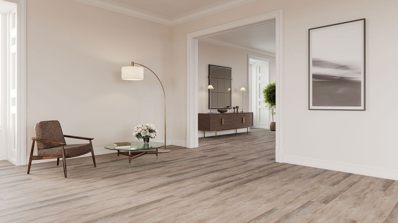 3D Rendering of wood-effect tile flooring in a spacious modern living room with mid-century furniture