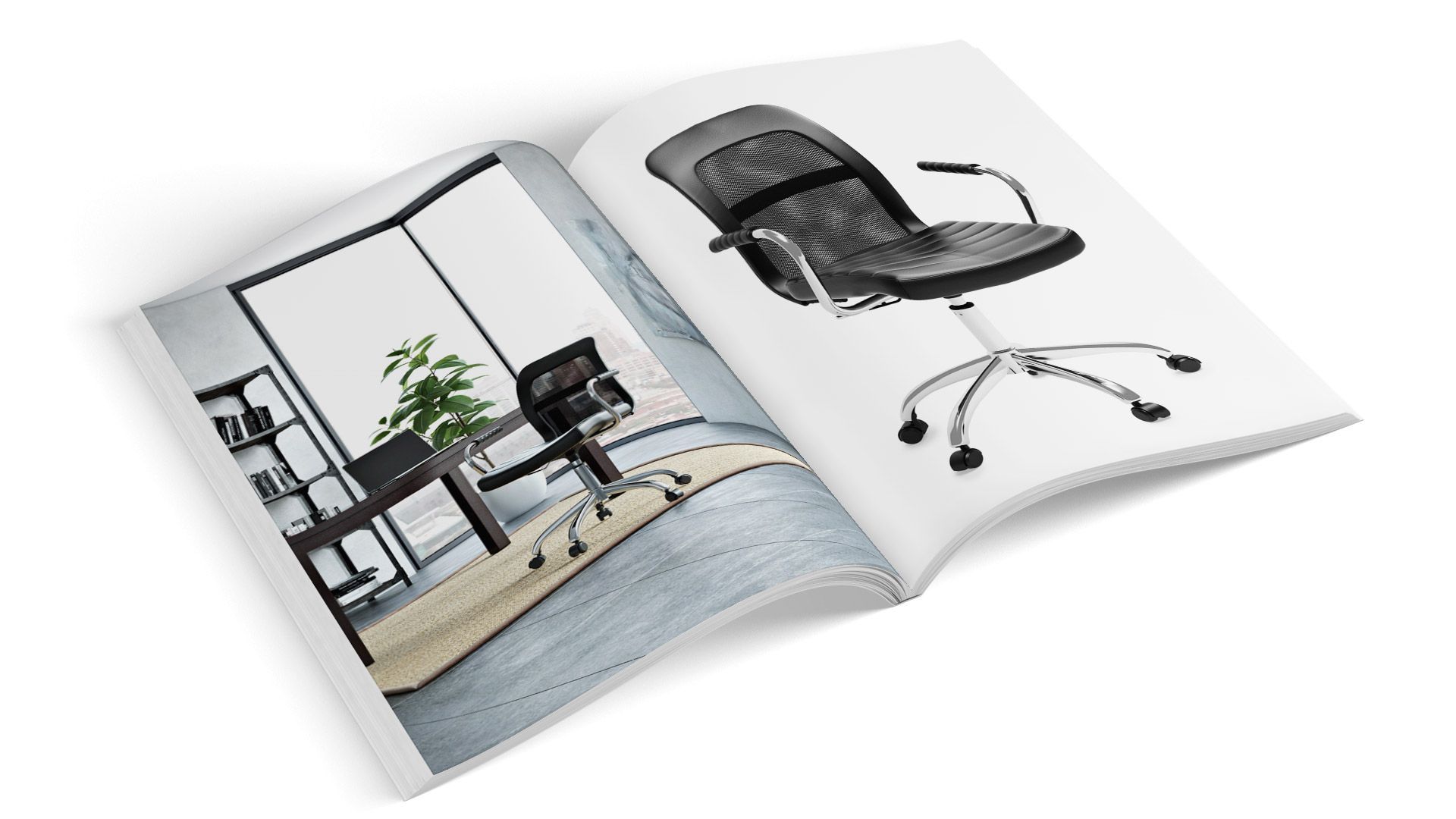 Chair 3D Renderings in a Print Catalog Spread