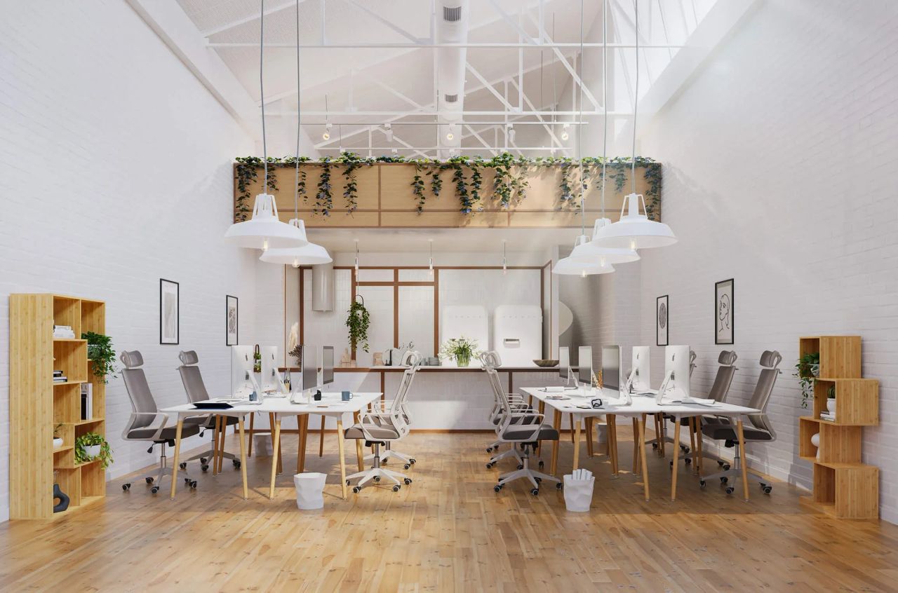 3D visualization of modern office with shared desks, ergonomic chairs, wooden floor, and hanging lamps