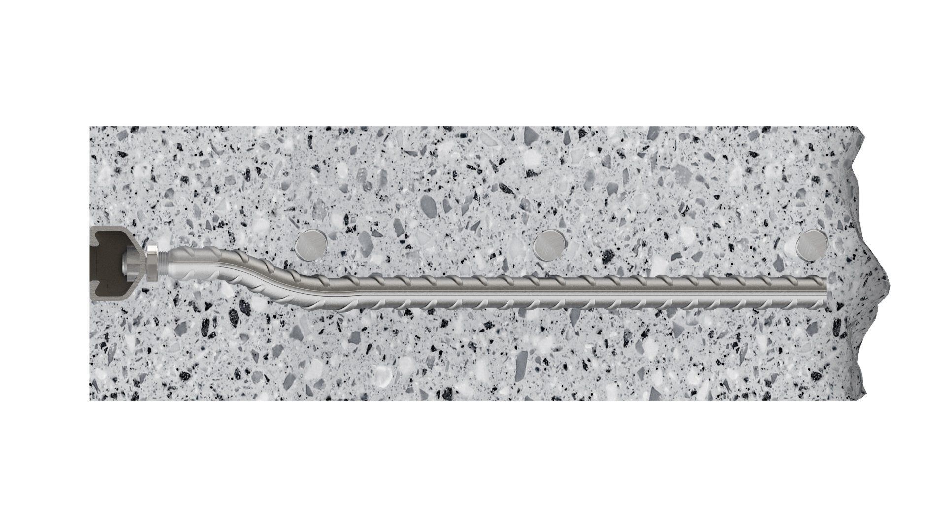 Photoreal 3D rendering of a metal anchor embedded in concrete, showcasing realistic product visualization and CGI rendering techniques.