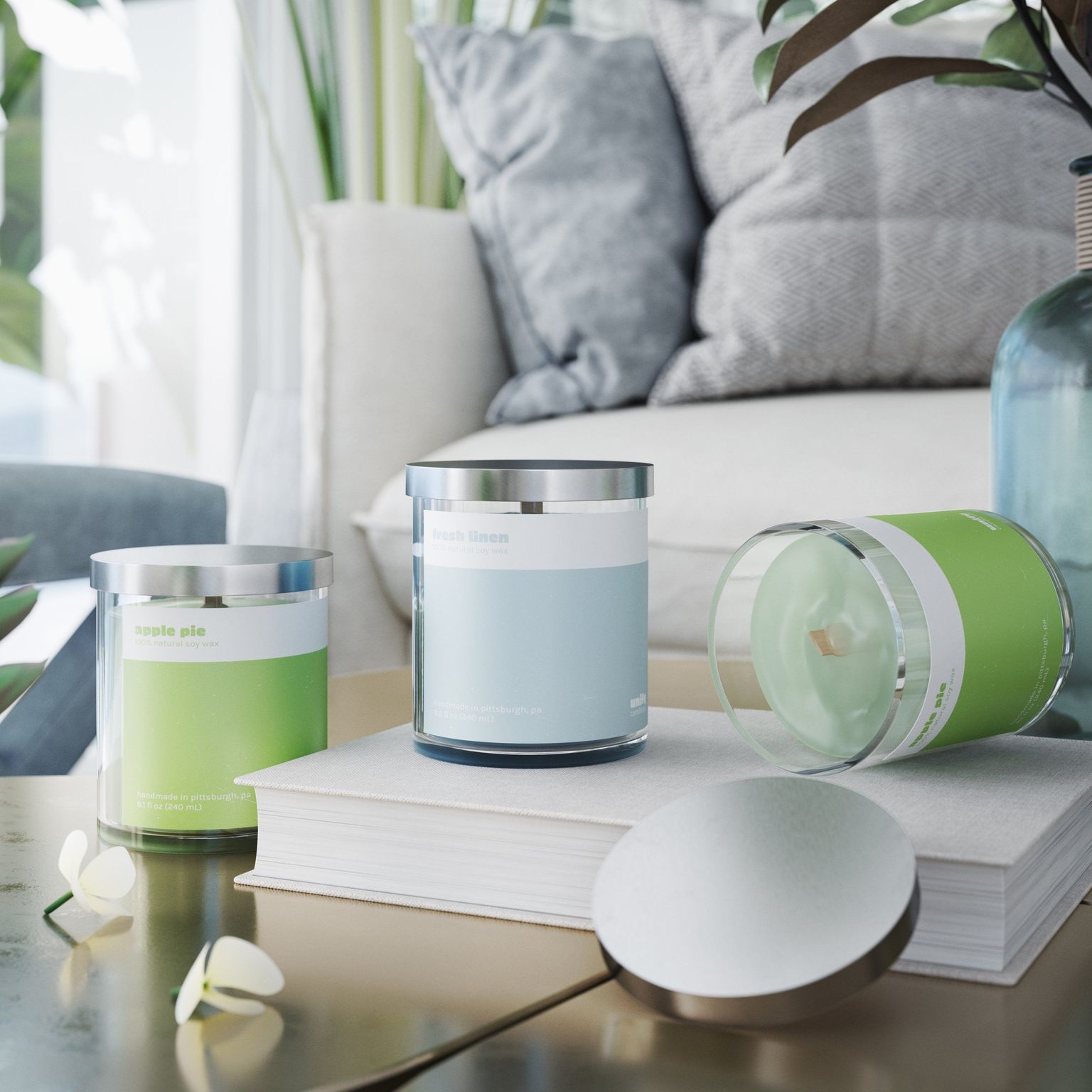 3D product rendering showcasing candles in a realistic interior scene, highlighting 3D modeling and visualization techniques.