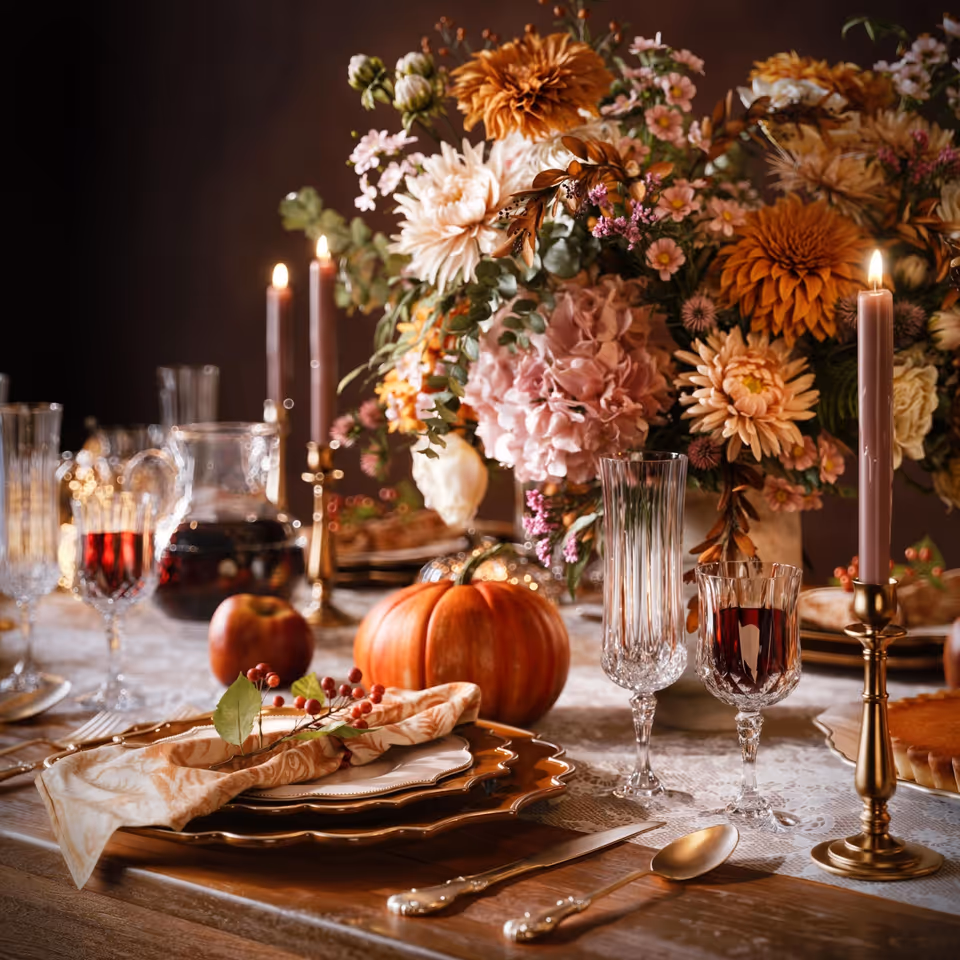 3D lifestyle visualization of a table setting with flowers and candles, showcasing photorealistic CGI rendering and first-class 3D visualization.