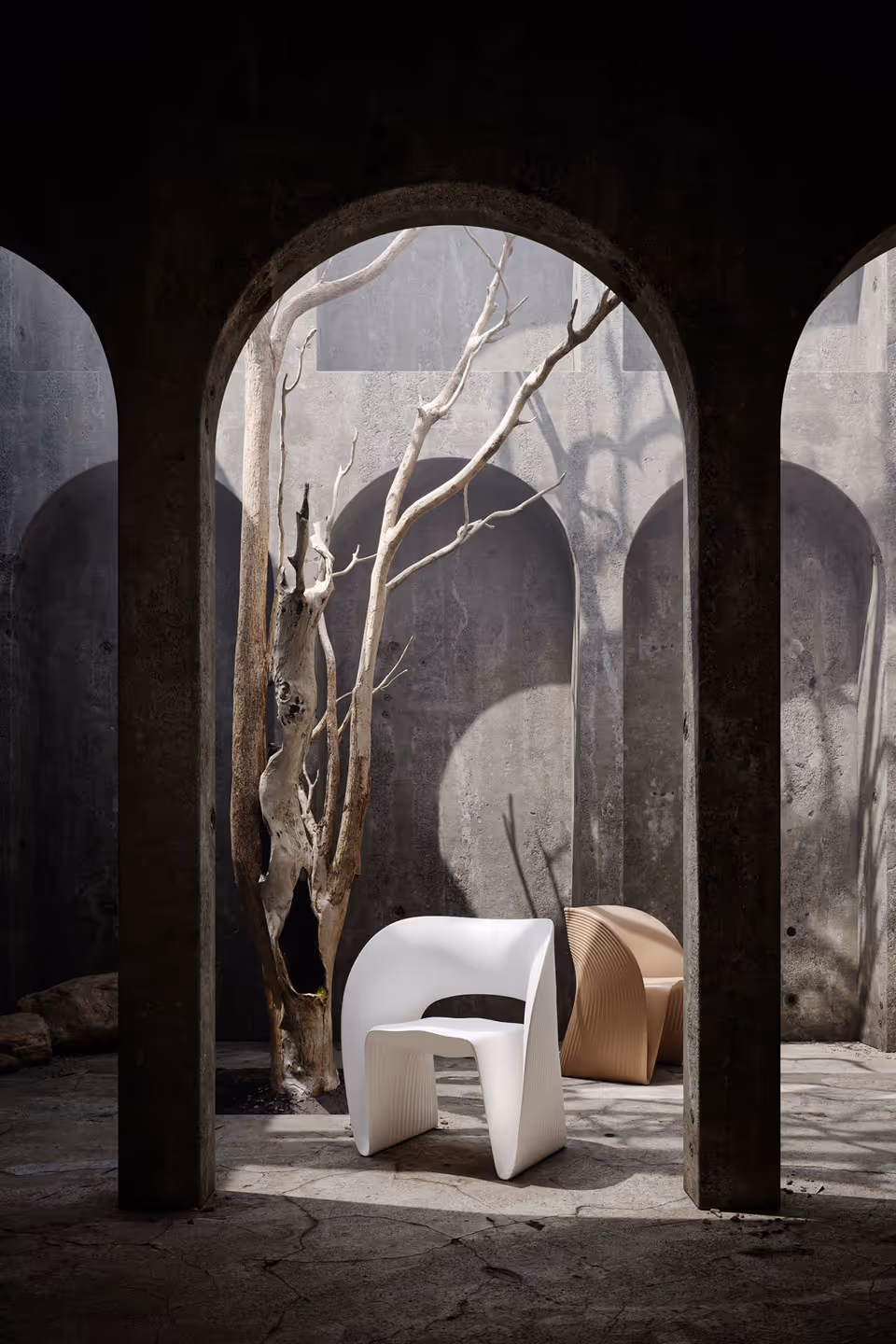 3D rendered product chairs in a minimalist architectural scene, showcasing 3D product modeling and visualization