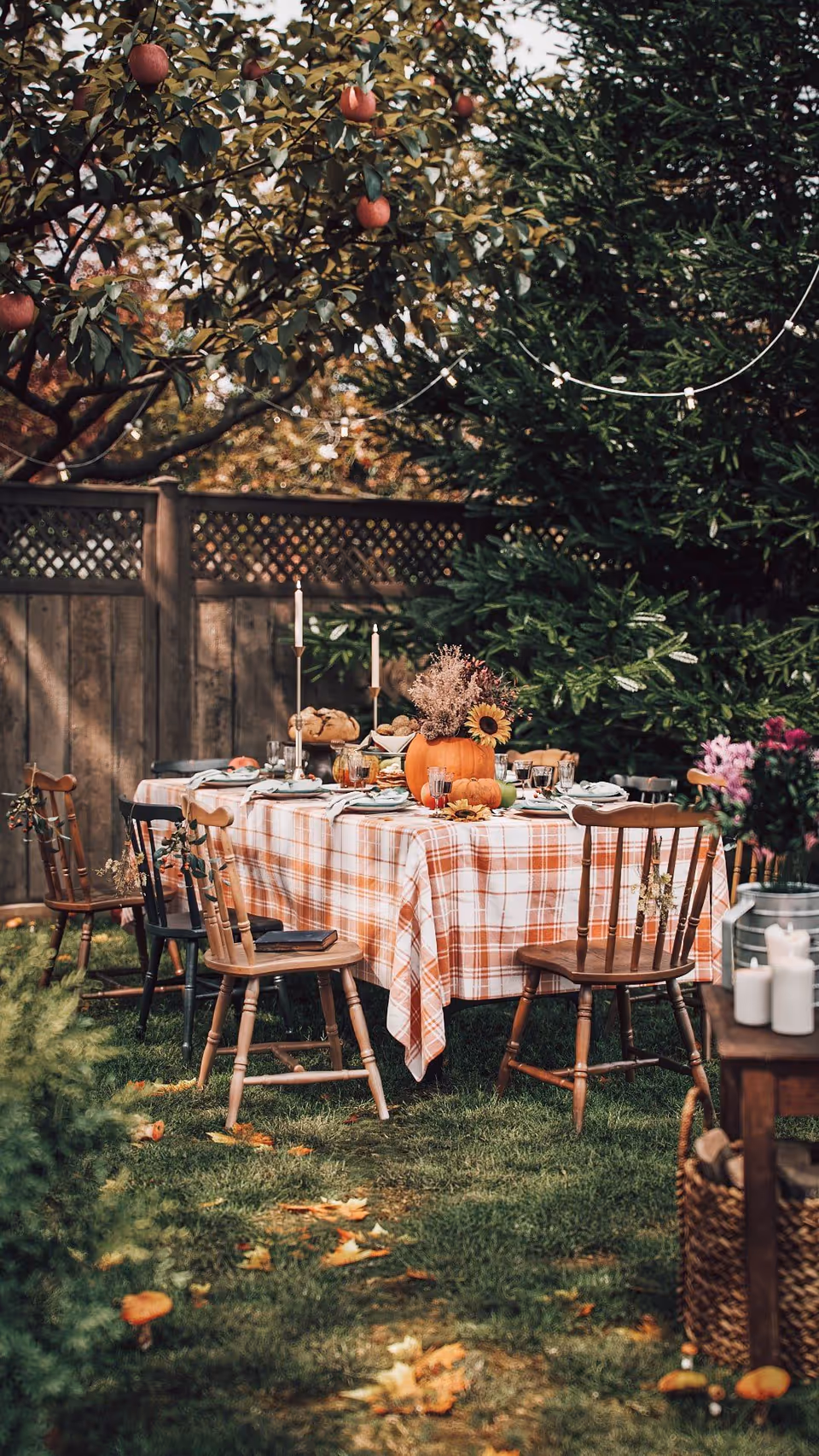3D Visualization for an Outdoor Dining Setup Under Apple Tree with Rustic Furniture