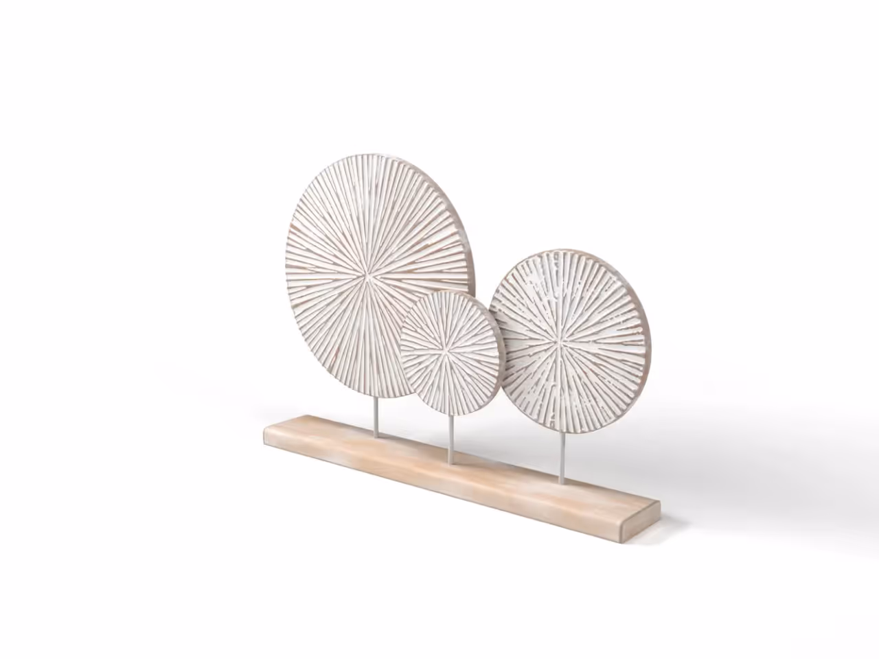 Product rendering for catalogs showing two white round decorative sculptures on a wooden base